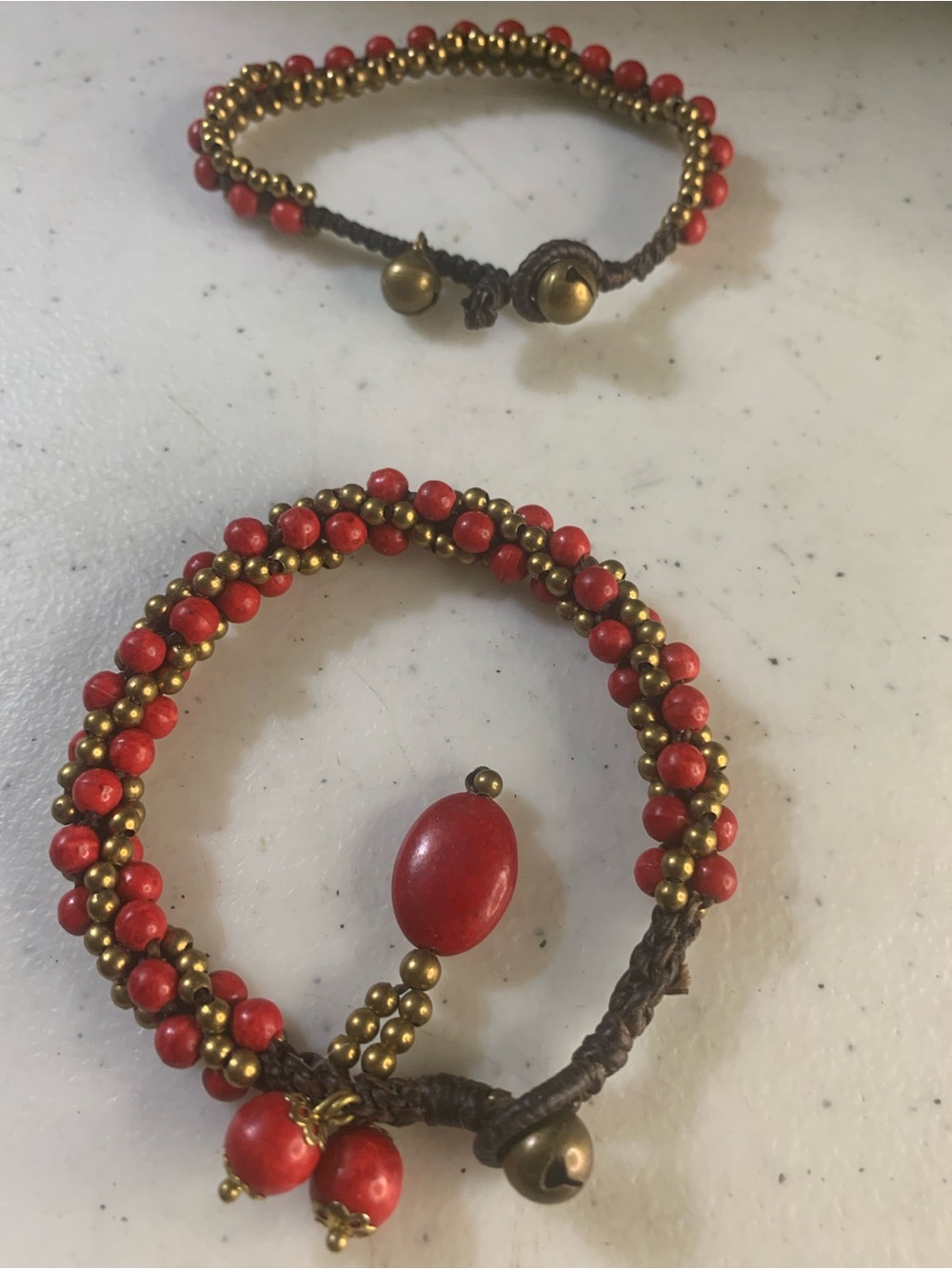 Handcrafted Red Beaded Wrap Bracelet with Brass Accents Set of 2